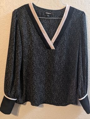Express Colorblock Long Sleeve V-Neck Blouse Black w/ White Dots, Size L